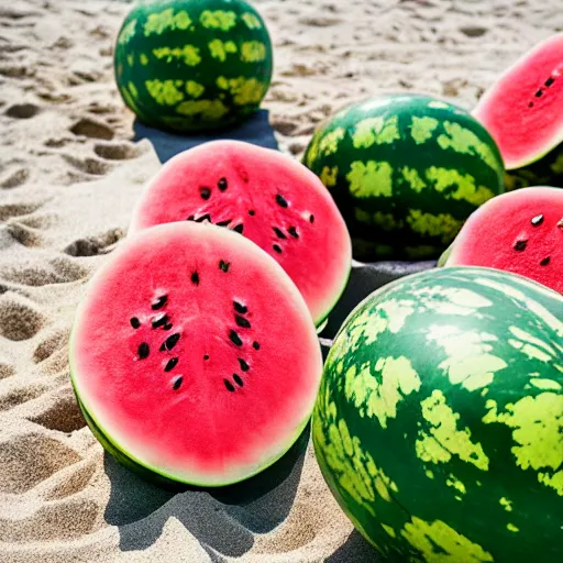 Prompt: fluffy watermelons on the beach