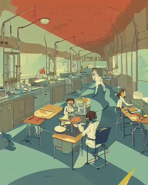 Image similar to science lab. clean cel shaded vector art. illustration art by makoto shinkai and and john berkey