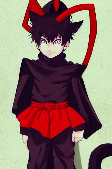 Image similar to little boy with cat ears in an black outfit with red cape. digital artwork made by lois van baarle and kentaro miura, sharpness focus, inspired by hirohiko araki, anatomically correct, heroic composition, hero pose, smooth