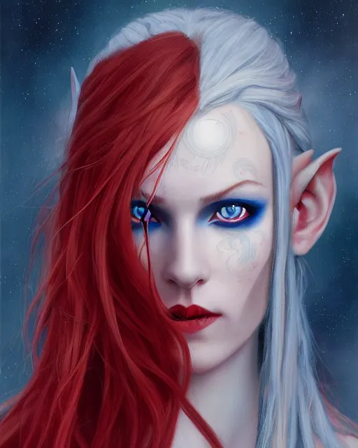 Prompt: A detailed matte oil on canvas head on symmetrical portrait of a beautiful elven woman with a blue eye and a red eye, and red and blue hair by Charlie bowater and lise deharme, trending on artstationhd, dungeons and dragons art critical role