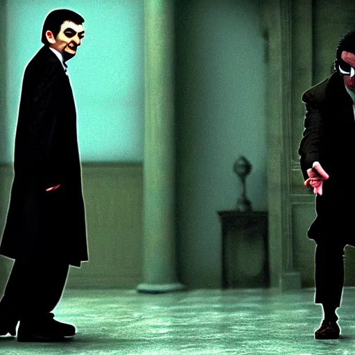 Image similar to mr. bean as morpheus from the matrix. movie still. slow motion. cinematic lighting.