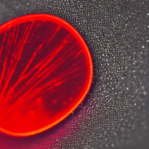 Image similar to Macro photo of a guitar pick that has red glowing fibers in it. Simple black background, high detail