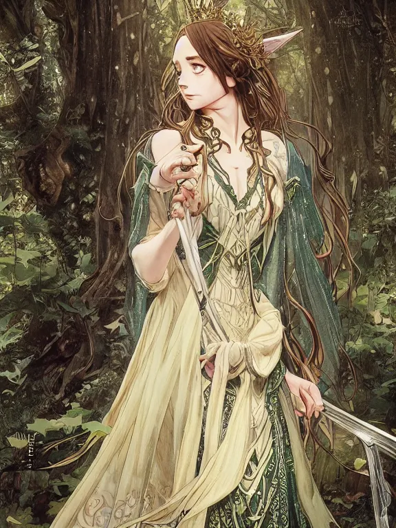 Prompt: anime key visual of jodie marie comer the enchantress wearing a medieval gown!! intricate, magical forest, stunning, highly detailed, digital painting, artstation, smooth, hard focus, illustration, art by artgerm and greg rutkowski and alphonse mucha