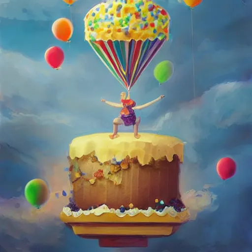 Prompt: a giant floating cake suspended to plenty of floating birthday balloons. digital art, highly - detailed, sharp focus, artstation cgsociety masterpiece