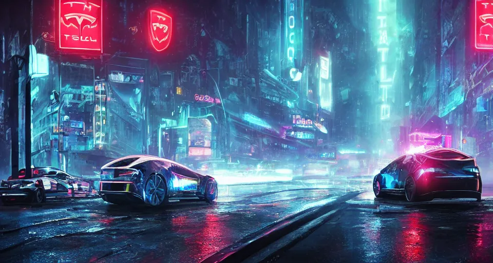 Image similar to a 2 8 mm closeup photo of a tesla tron cybertruck driving a on wet city street with lots of traffic at night, intricate, speed, action, need for speed, hyper detailed, smooth, high contrast, neon, volumetric lighting, octane, moebius, greg rutkowski, blade runner, ripley scott, synthwave, mad max, cinematic