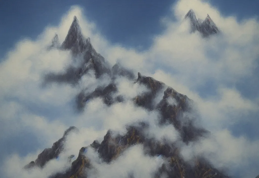 Image similar to fantasy painting of a mountain reaching above the clouds, highly detailed,