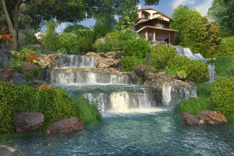 Image similar to Italian villa with a beautiful waterfall in the background, bloom effect, 8k, god rays, trending on artstation