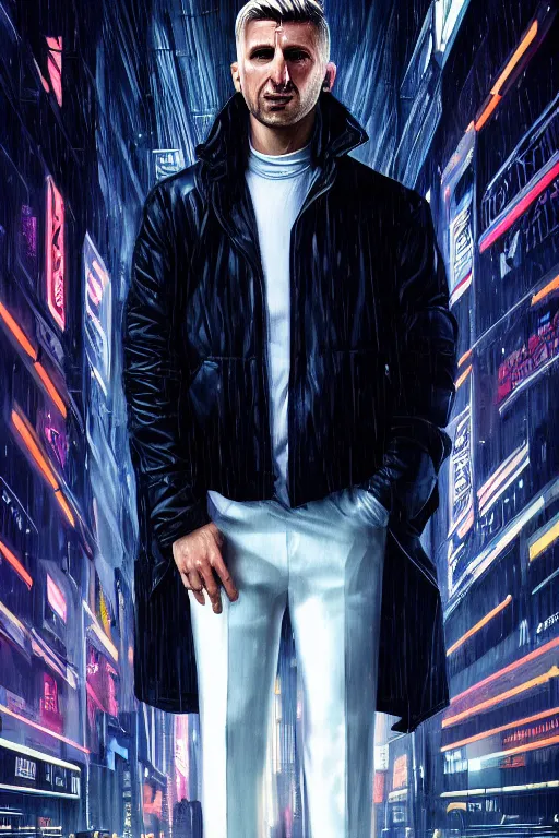 Image similar to extreme long shot. 35 years old blonde russian man in white adidas pants. black letaher jacket. white sneakers. hangover face. staying on the street. 4k, 8k, hyprerealistic, extreme hight detail, trending on artstation, masterpiece. bladerunner 2049 colors. colourful. psychedelic colors