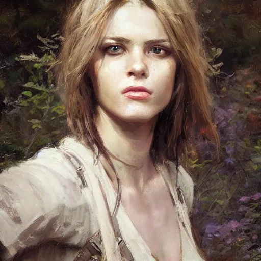 Image similar to Richard Schmid and Jeremy Lipking full length portrait photo of a beautiful ranger woman, dungeons and dragons, fantasy