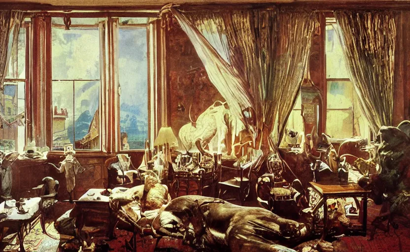 Prompt: an enormous dead walrus in a victorian living room, early morning sunshine slanting through the window, painted by rick berry and norman rockwell and zdzislaw beksinski and cassius marcellus coolidge, highly detailed