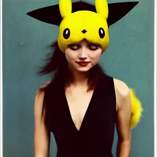 Image similar to elegant woman dressed up as pikachu, art photo by Annie Liebovitz and David Hamilton and Alphonse Mucha