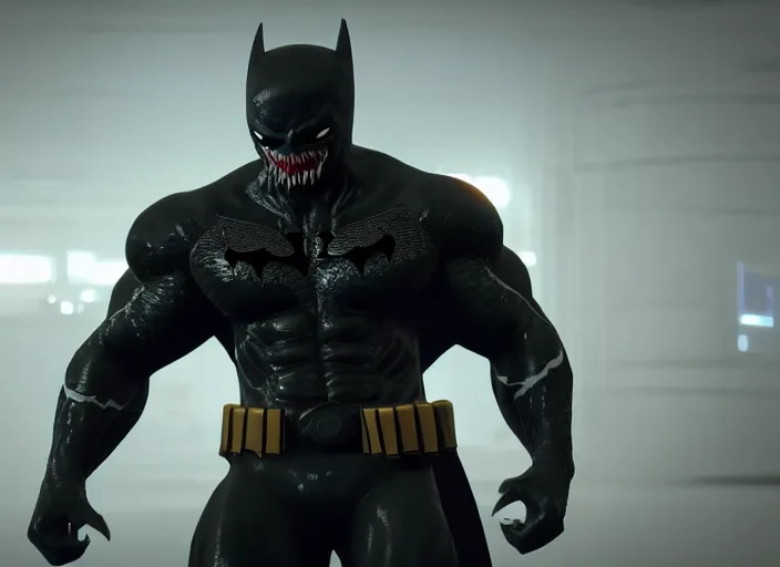 Image similar to venom fused with batman, ultra realistic 4 k unreal engine very cinematic render with ray tracing bloom ambient occlusion strong reflections