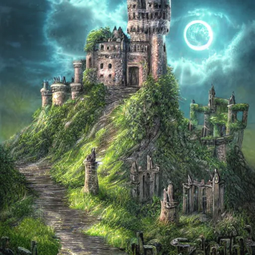 Image similar to a castle on a tall mountain above the clouds that have a lot of plants and vines on it which makes it look old, digital art, fantasy, beautiful, day, detailed