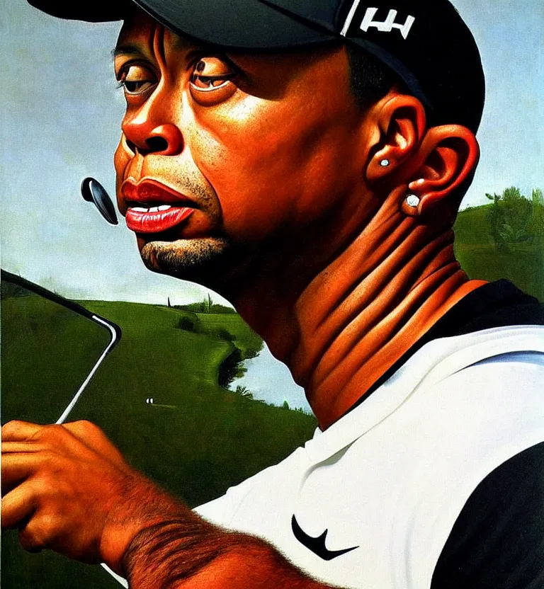 Prompt: realistic tiger woods portrait by caravaggio.