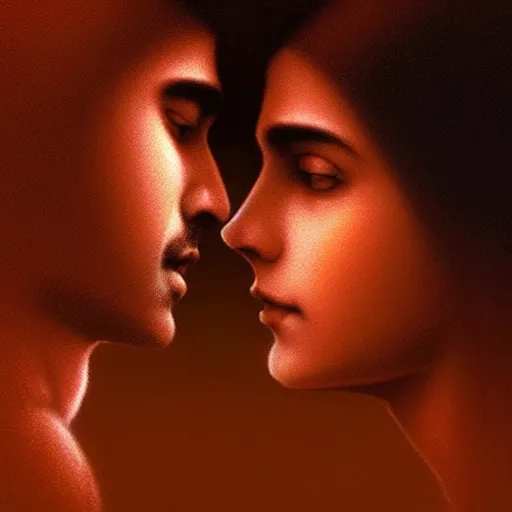 Image similar to perfectly - centered movie promotional poster - photograph of a young indian guy and a beautiful girl side profile faces symmetrical ; real life portrait by beksinski and jean delville, romantic theme, two lovers sharing one heart, unreal engine 5, photorealism, hd quality, 8 k resolution, cinema 4 d, hdr dramatic lighting ; symmetrical, cinematic, high coherence