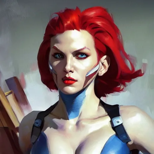 Image similar to greg manchess portrait painting of mystique x - men as overwatch character, medium shot, asymmetrical, profile picture, organic painting, sunny day, matte painting, bold shapes, hard edges, street art, trending on artstation, by huang guangjian and gil elvgren and sachin teng