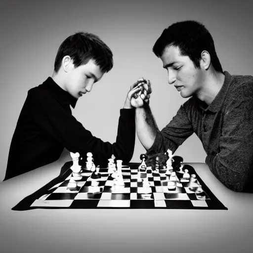 Prompt: photography of two chess players playing the hand of the universe, photo award of the universe