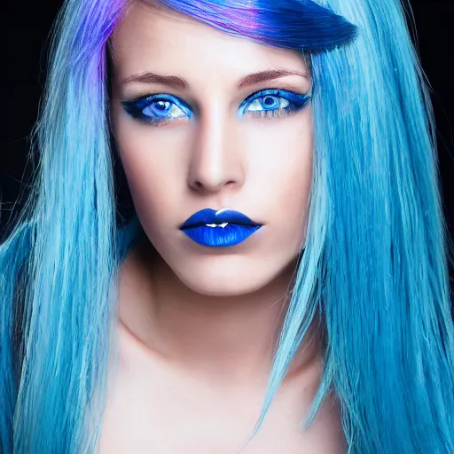 Image similar to A beautiful portrait of a woman with iridescent skin and blue hair and blue eyes