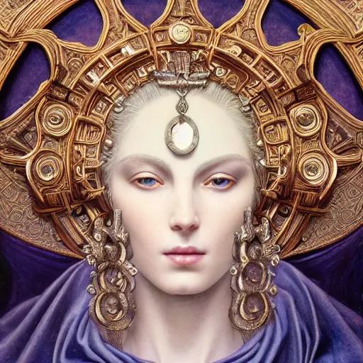 Prompt: masterpiece baroque neoclassicist closeup renaissance portrait of a art deco android priestess, glowing eyes. reflective detailed textures, highly detailed fantasy science fiction painting by magali villeneuve, annie swynnerton, peter mohrbacher and jean delville and nicholas roerich, elaborate geometric ornament, silver and cool colors. artstation