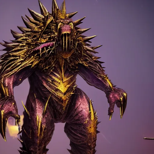 Image similar to ugly monster, spikes on the body, skin spikes, purple skin, skinny, gold armor, battleground background, battlefield, concept art, artstation, award winning, high detailed, 4k, 8k, hd textures, octane render, intricate details, volumetric lighting, realistic, hyperdetailed