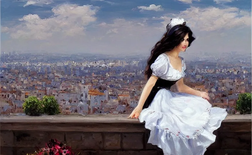 Prompt: Lady in a black and white maid dress with long hair, she is sitting on the roof of a skyscraper and looking at the horizon of a large city. Fantasy and concept art by Konstantin Razumov