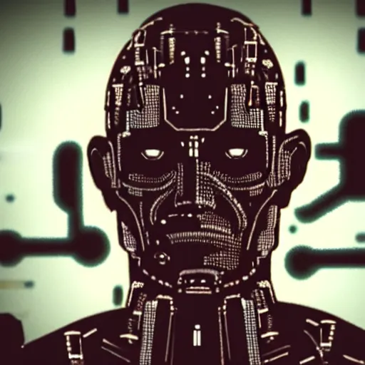 Image similar to grainy photo of an ugly cyborg criminal man, bionic implants, bionic implants, cyborg criminal