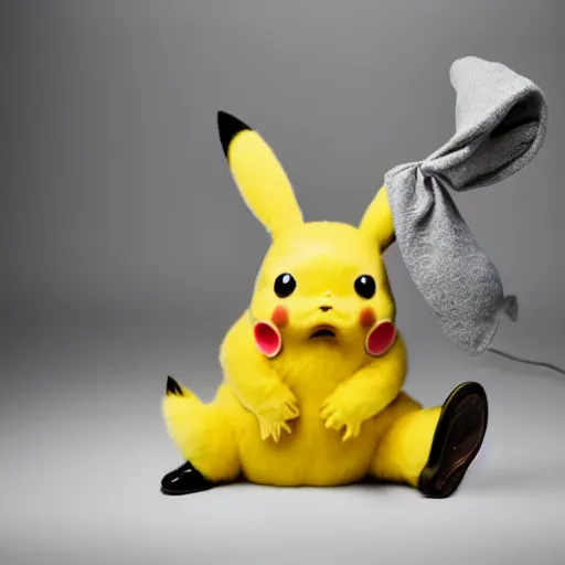 Image similar to sneezing cute detective sneezing pikachu wiping face with rag at a photoshoot studio lighting by annie leibovitz