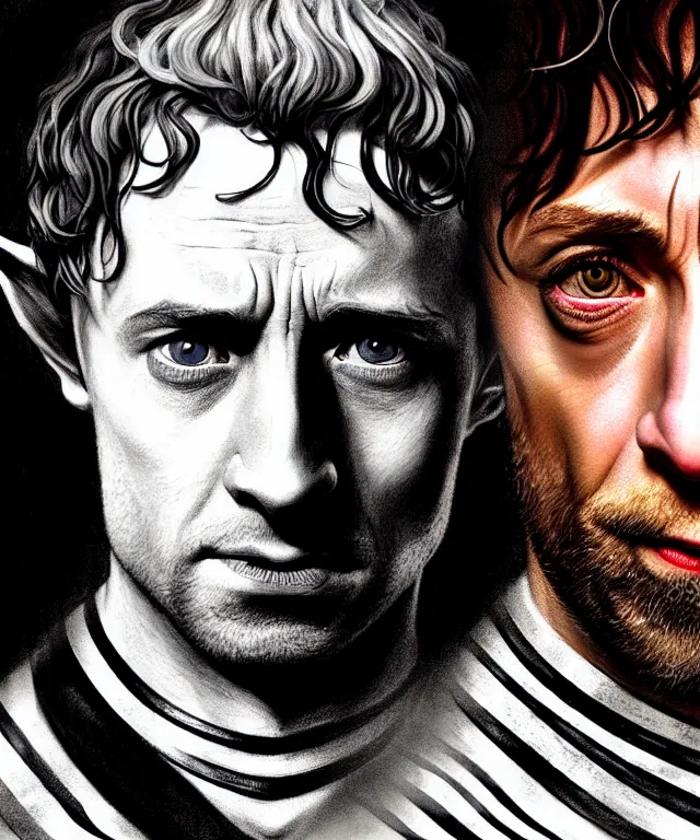 Image similar to a detailed fifty mm portrait of merriadoc and pippin from lord of the rings hobbit in a black adidas track suit with white stripes, headshot, caricature, highly detailed, digital painting, artstation, concept art, sharp focus, cinematic lighting, illustration, art by met mangindaan, artgerm and greg rutkowski, alphonse mucha, cgsociety