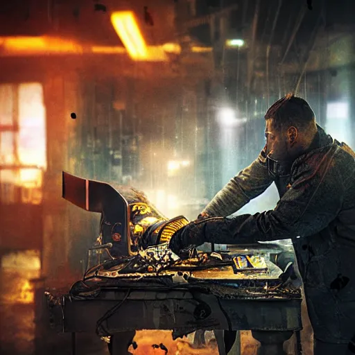 Image similar to augmented human repairing old yellow casette deck, dark messy smoke - filled cluttered workshop, sparks, dark, dramatic lighting, orange tint, cinematic, highly detailed, sci - fi, futuristic, movie still from blade runner