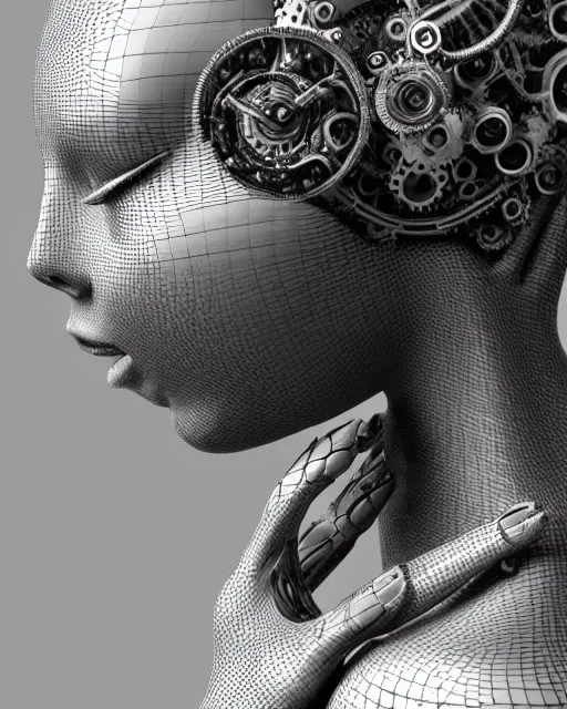 Prompt: mythical dreamy black and white organic translucent bio-mechanical spinal ribbed profile face portrait detail of mechanical beautiful female angelic-vegetal-cyborg, highly detailed, intricate steampunk ornate, poetic, 3D render, digital art, octane render, 8K artistic photography, photo-realistic, by Dora Maar