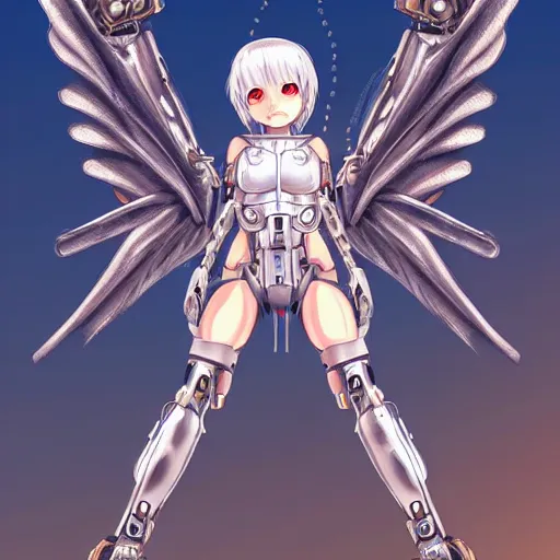 Image similar to cute small cyborg - angel girl with large angelic wings standing on the edge of a rooftop overlooking a dystopian city, left eye gold and right eye silver, biomechanical details, bionic cyborg implants, digital cyberpunk - anime art, full body shot