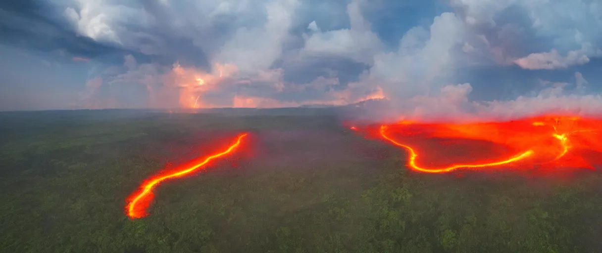 Prompt: lava flowing trough the amazone lightning clouds, sunset, mountains, 4 k, hd, explosive, colorfull