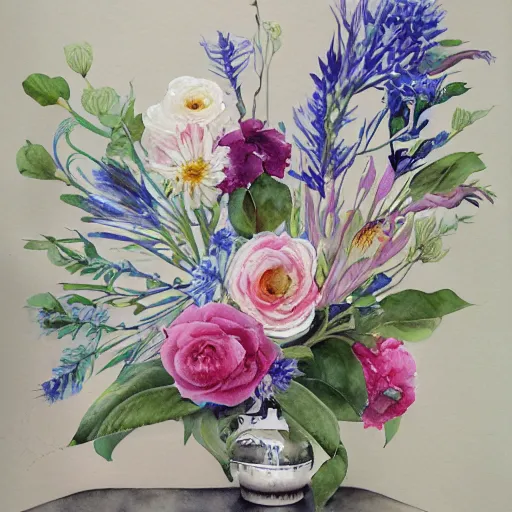 Prompt: watercolor kitchen with flowers by by marco mazzoni, by stephanie law,