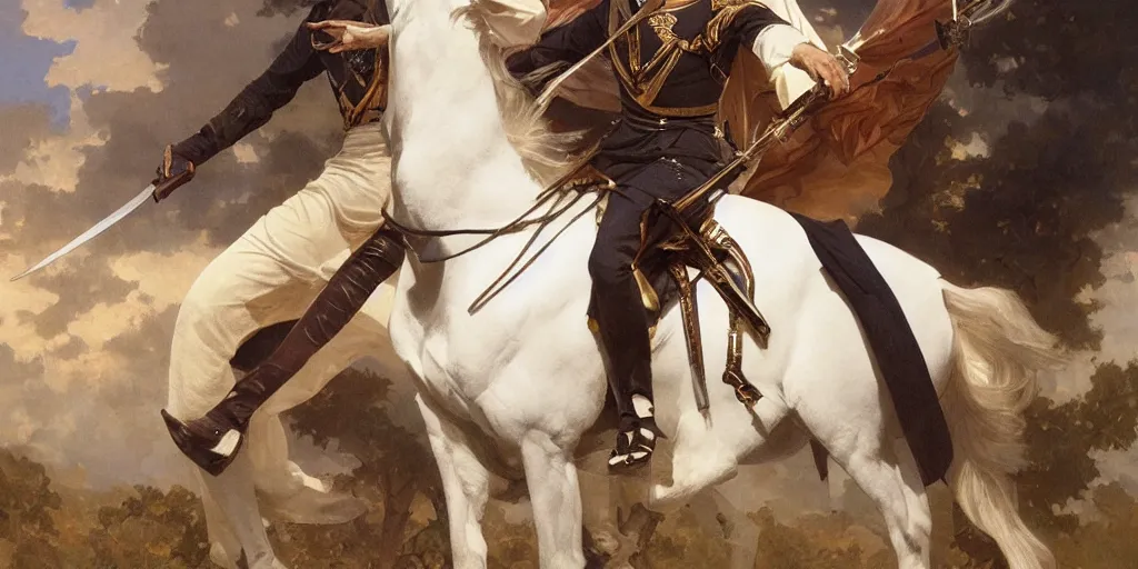 Prompt: portrait of simon bolivar holding a sword and rinding a white horse, intricate, elegant, highly detailed, digital painting, artstation, concept art, smooth, sharp focus, illustration, art by artgerm and greg rutkowski and alphonse mucha and william - adolphe bouguereau