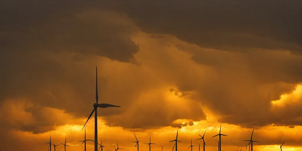 Image similar to photo of a stormy west texas sunset, perfect rustic ( ( wind turbine ) ), film photography, lightning, golden hour, high quality, beautiful!!!