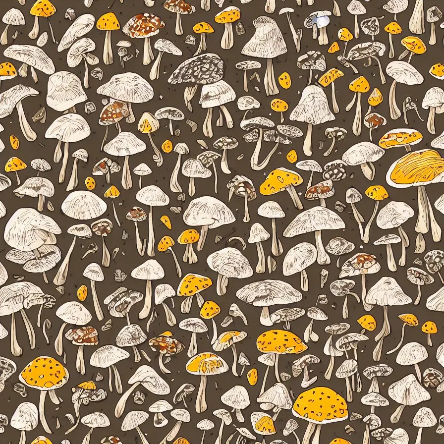 Prompt: macro photo with a mushroom characters and mycelium, natural colors and natural surroundings, painted patterns and coloring on mushrooms, seamless fabric pattern 8K, highly detailed.
