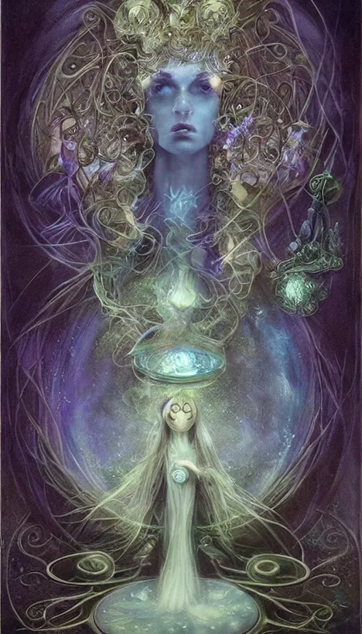 Prompt: goddess of illusion, beautiful, stunning, breathtaking, mirrors, glass, magic circle, magic doorway, fantasy, mist, bioluminescence, hyper - realistic, unreal engine, by brian froud