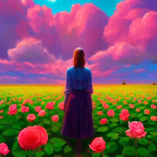 Image similar to large rose in front of face, girl frontal in a flower field, surreal photography, sunrise dramatic light, impressionist painting, colorful clouds, digital painting, artstation, simon stalenhag