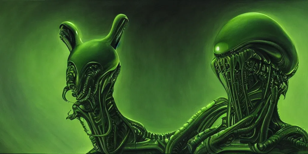 Image similar to a painting of a alien creature with a green background, an ultrafine detailed painting by h. r. giger, artstation, space art, reimagined by industrial light and magic, # vfxfriday, cosmic horror