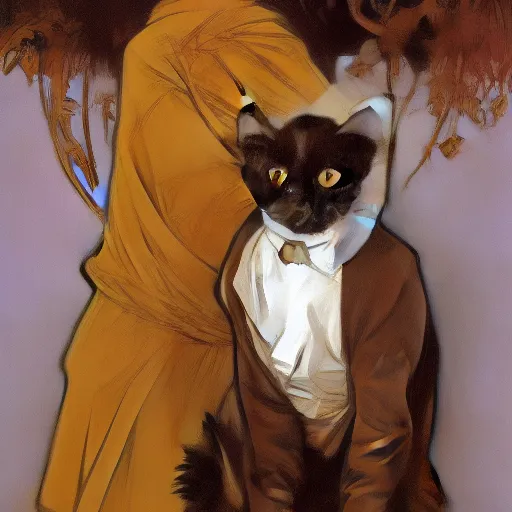 Image similar to realistic painting of a cat wearing a tuxedo, ultra long lens, 8 k, ultra, realistic, art by alphonse mucha