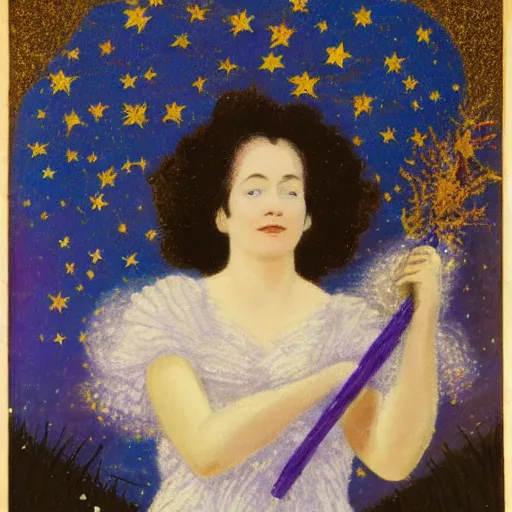 Image similar to The experimental art features a woman with wings made of stars, surrounded by a blue and white night sky. The woman is holding a staff in one hand, and a star in the other. She is wearing a billowing white dress, and her hair is blowing in the wind. violet by Mordecai Ardon, by Ivan Shishkin turbulent, earthy