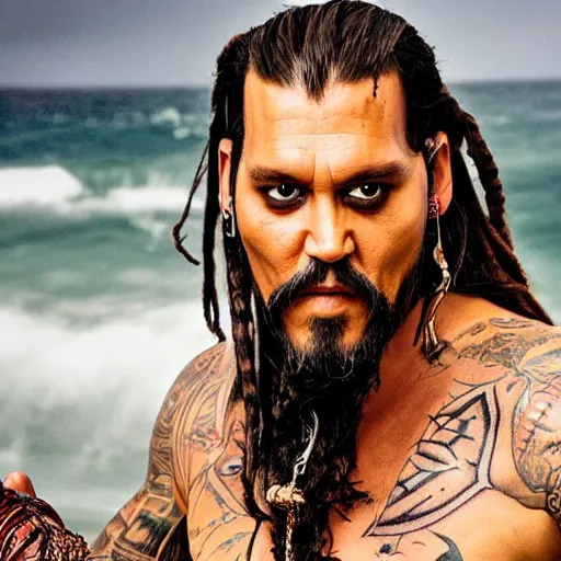 Prompt: portrait of johnny depp as khal drogo from games of thrones, mascular, broad shoulder, very long hair, long beard with dreadlocks, tattooed body, six packs, symmetrical, nikon 3 5 mm photography, ultrarealistic