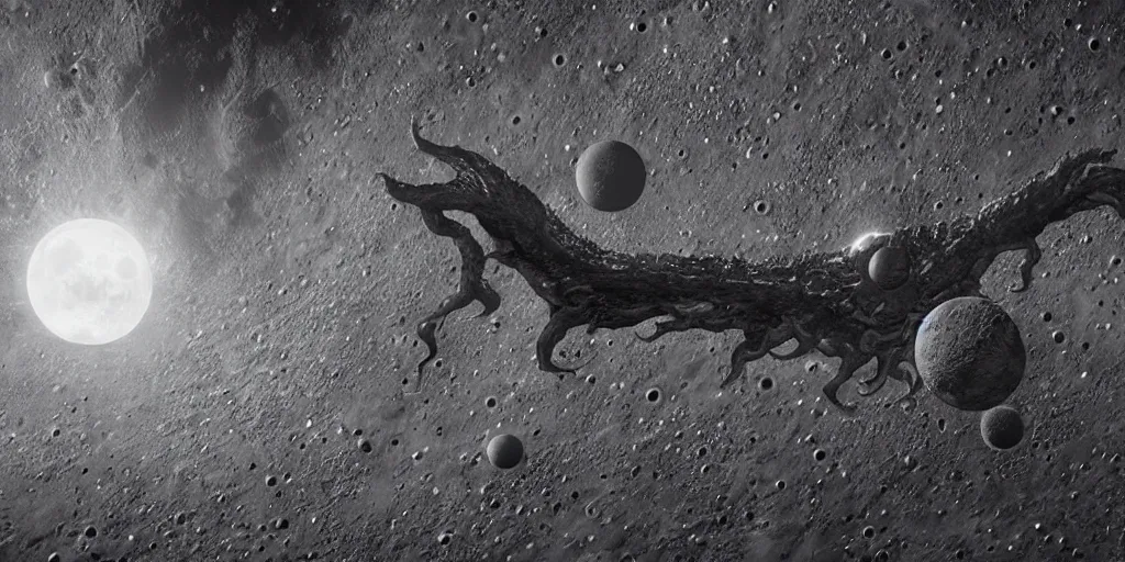 Image similar to giant <Cthulhu> silhouetted lunar surface crushing attacking redspaceship missile fighter, photorealistic, wide-angle, long shot, epic, space, lunar backdrop