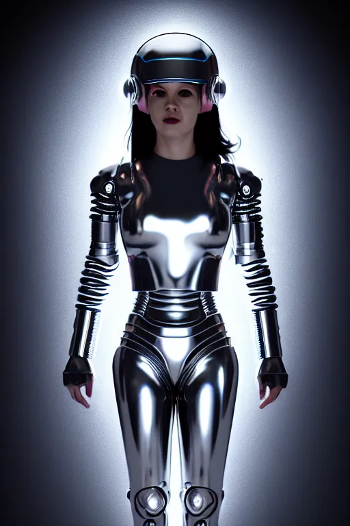 Image similar to female chrome futuristic cyborg with helmet, curved metal Loki horns, chrome motorcycle parts, full body, machine abstract background, neon bar lights, 3d render, octane, 8k, volumetric lighting, hyper-realistic, dark fantasy, diffuse lighting, intricate, highly detailed, lifelike, photorealistic, digital painting, trending on artstation, smooth, sharp focus, art by John Collier and Albert Aublet and Krenz Cushart and Artem Demura and Alphonse Mucha