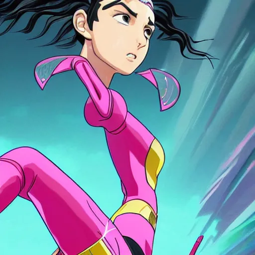 Prompt: a moderne painting of gal gadot as the pink power ranger in the style of makoto shinkai, and in the style of akira toriyama. sharp focus, semi - realism, intricate detail.