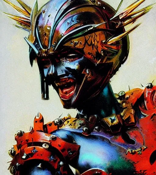 Image similar to portrait of strong female chaos angel, beautiful! coherent! by frank frazetta, by brom, strong line, vivid neon color, spiked metal armor, iron helmet maximalist