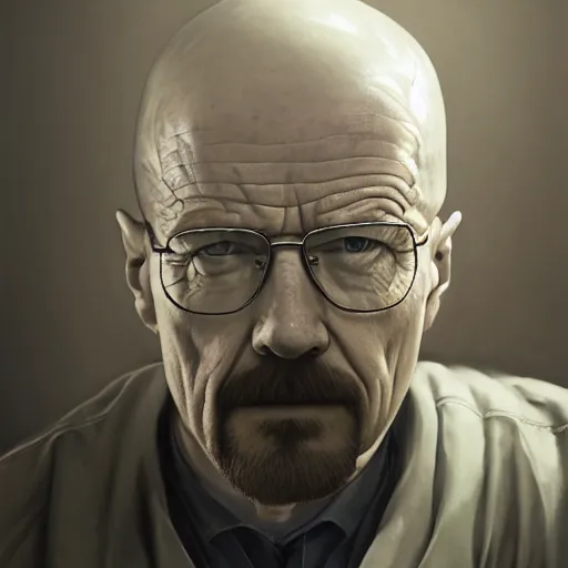 Prompt: walter white, painting, artgerm, trending on artstation, 4 k highly detailed art, octane render, 3 d, unreal engine, greg rutkowski, wlop, dark room, white smoke, chromatic aberration, white smoke, trending on artstation pixiv