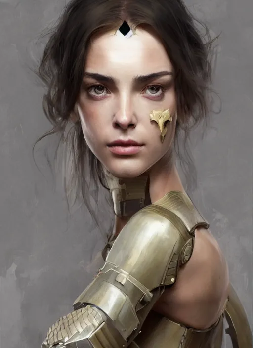 Image similar to a professional painting of a beautiful young female, clothed in military armor, olive skin, long dark hair, beautiful bone structure, symmetrical facial features, intricate, elegant, digital painting, concept art, smooth, sharp focus, illustration, from Metal Gear, by Ruan Jia and Mandy Jurgens and Artgerm and William-Adolphe Bouguerea