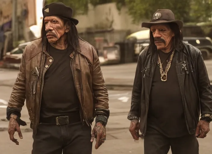 Image similar to film still of Danny Trejo roaming the dirty streets in the new Deathwish, 4k
