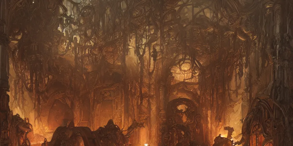 Image similar to ultra realistic illustration,, hell torture chamber interior from doom and warhammer, intricate, elegant, highly detailed, digital painting, artstation, concept art, smooth, sharp focus, illustration, art by artgerm and greg rutkowski and alphonse mucha